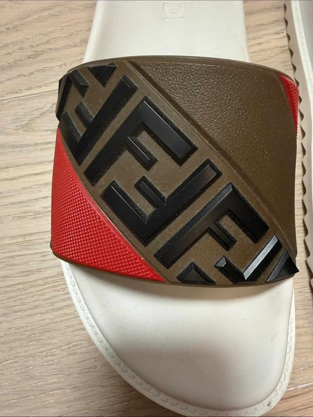 Fendi White Footbed Red & Olive Logo Slide Sandals